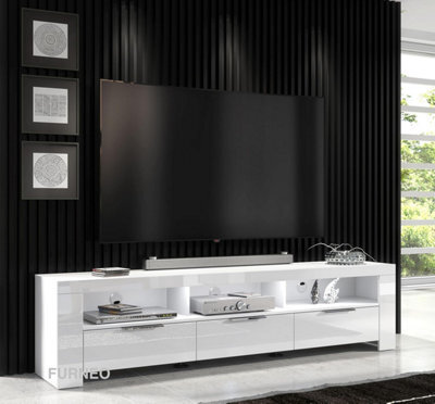 Furneo 200Cm White Long Tv Stand Unit Cabinet Matt & High Gloss White Led Lights Phantom 10 - image 1
