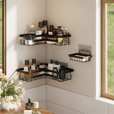 Living And Home 3Pcs Wall Mounted Corner Shower Caddies Black Carbon Steel Bathroom Organizer With Side Hooks - image 1