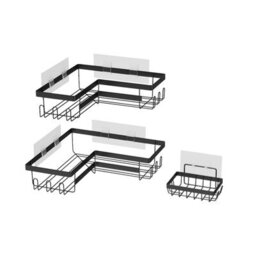 Living And Home 3Pcs Wall Mounted Corner Shower Caddies Black Carbon Steel Bathroom Organizer With Side Hooks - thumbnail 4