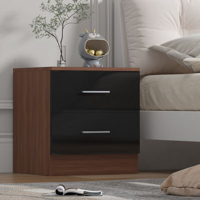 Reflect 2 Drawer Bedside - Black Gloss & Walnut - Modern Nightstand For Bedroom Storage - H: 48.5Cm X W: 45Cm X D: 39.5Cm - image 1