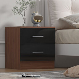 Reflect 2 Drawer Bedside - Black Gloss & Walnut - Modern Nightstand For Bedroom Storage - H: 48.5Cm X W: 45Cm X D: 39.5Cm - thumbnail 1