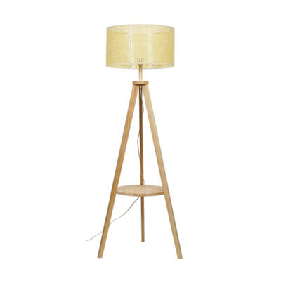 Valuelights Morrigan Natural Wood Shelf Tripod Floor Lamp With Wicker Shade And Bulb - image 1
