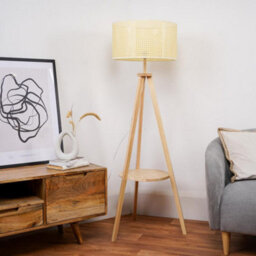Valuelights Morrigan Natural Wood Shelf Tripod Floor Lamp With Wicker Shade And Bulb - thumbnail 3