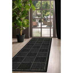 Melrose County Flatweave Black Check Design Indoor Non-Slip Medium Area Runner Rug 060/180Cm