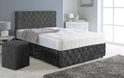 Adore Designs Chesterfield Crushed Velvet Divan Bed, Ortho Mattress, Footboard & Square Stool - 4Ft Small Double - Black - 2 Drawers Foot End - image 1