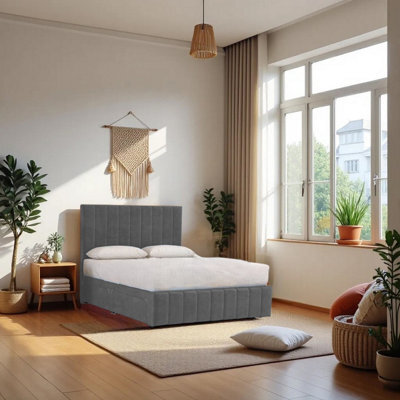 "Knight Sleep Paris Grey Plush 6Ft Bed Set With Mattress, 2 Drawers Same Side & 24""headboard - Super King" - image 1