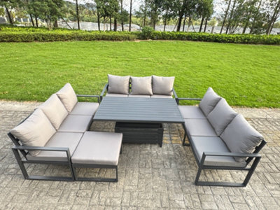Fimous U-Shaped Garden Furniture Set 10-Seater Aluminium With Adjustable Rising Lifting Dining Table Big Footstool Dark Grey - image 1