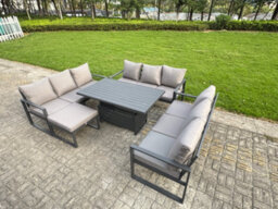 Fimous U-Shaped Garden Furniture Set 10-Seater Aluminium With Adjustable Rising Lifting Dining Table Big Footstool Dark Grey - thumbnail 2
