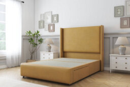 "Sloomy Stratford Mustard Plush Divan Bed 2 Drawers Foot-End With 54"" Wingback Headboard & 12"" Footboard 6' Super King" - thumbnail 1