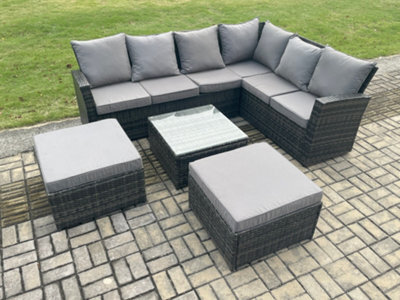 Fimous 8 Seater Wicker Pe Outdoor Garden Furniture Set High Back Rattan Corner Sofa Set With 2 Big Footstool Square Coffee Table - image 1