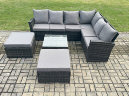 Fimous 8 Seater Wicker Pe Outdoor Garden Furniture Set High Back Rattan Corner Sofa Set With 2 Big Footstool Square Coffee Table - thumbnail 2