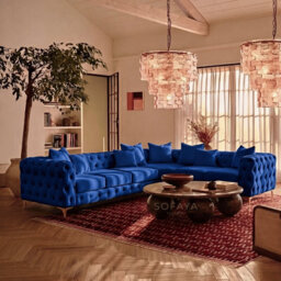 Sofaya Monaco Chesterfield 6 Seater Chaise Sofa Blue Velvet L Shaped Corner Chaise - Right Hand Deep Buttoned Upholstery Couch Lounge - thumbnail 1