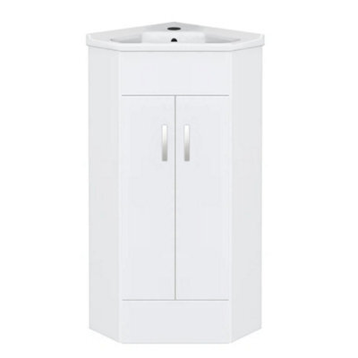 Fnx Bathrooms Compact Gloss White Corner Vanity Unit & Basin Set With 2 Doors, Chrome Mixer Tap & Waste For Cloakrooms - image 1