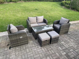 Fimous Pe Wicker Rattan Garden Furniture Set Love Sofa Reclining Chair Outdoor Rectangular Coffee Table Stools - thumbnail 2
