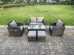 Fimous Pe Wicker Rattan Garden Furniture Set Love Sofa Reclining Chair Outdoor Rectangular Coffee Table Stools - thumbnail 1