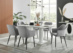 Furniturebox Imperia White High Gloss 6 Seater Dining Table With Structural 2 Plinth Column Legs 6 Grey Velvet Black Leg Calla Art Deco Chairs - thumbnail 1