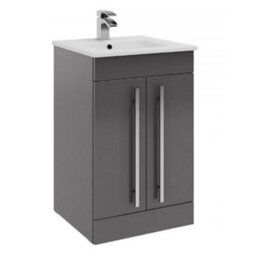 Clifton Bathroom 2-Door Floor Standing Vanity Unit With Ceramic Basin 500mm Wide - Storm Grey Gloss  - Brassware Not Included - thumbnail 1