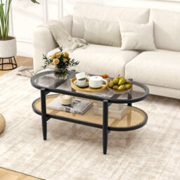 Costway 2-Tier Coffee Table Rattan Center Cocktail Tea Table Tempered Glass Tabletop Black - thumbnail 4