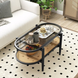 Costway 2-Tier Coffee Table Rattan Center Cocktail Tea Table Tempered Glass Tabletop Black - thumbnail 1