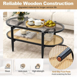 Costway 2-Tier Coffee Table Rattan Center Cocktail Tea Table Tempered Glass Tabletop Black - thumbnail 6