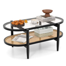 Costway 2-Tier Coffee Table Rattan Center Cocktail Tea Table Tempered Glass Tabletop Black - thumbnail 2