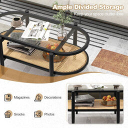 Costway 2-Tier Coffee Table Rattan Center Cocktail Tea Table Tempered Glass Tabletop Black - thumbnail 8