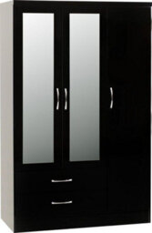 Seconique Nevada 3 Door 2 Drawer Mirrored Wardrobe In Black Gloss Finish