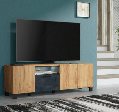 Furneo 150Cm Tv Stand Oak & Black Concrete Effect Unit Cabinet White Led Lights Enzo 04 - image 1