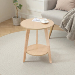 Natural Wood Small 2Tier Solid Wood Side Table W/ Storage Shelf Round Coffee Sofa End Table - thumbnail 1