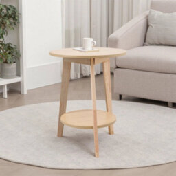 Natural Wood Small 2Tier Solid Wood Side Table W/ Storage Shelf Round Coffee Sofa End Table - thumbnail 4