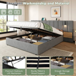 Btm King Velvet Storage Bed With Charging Station, Reading Light  Adjustable Shelf, Tufted Headboard, Grey - thumbnail 8
