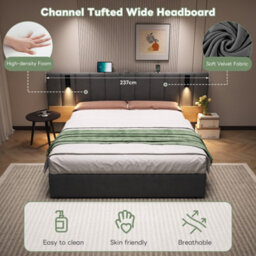 Btm King Velvet Storage Bed With Charging Station, Reading Light  Adjustable Shelf, Tufted Headboard, Grey - thumbnail 7
