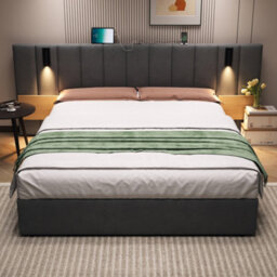Btm King Velvet Storage Bed With Charging Station, Reading Light  Adjustable Shelf, Tufted Headboard, Grey - thumbnail 4