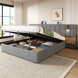 Btm King Velvet Storage Bed With Charging Station, Reading Light  Adjustable Shelf, Tufted Headboard, Grey - thumbnail 3