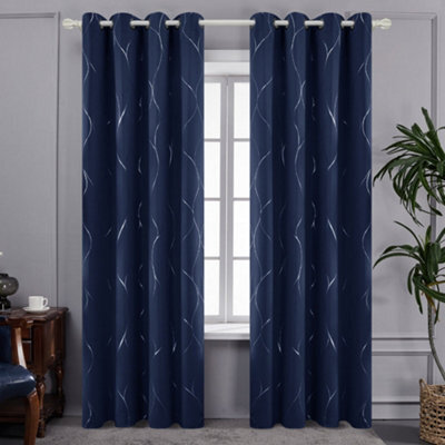 Deconovo Eyelet Blackout Thermal Curtains, Silver Wave Line Foil Printed Curtains For Living Room, 52 X 72 Inch, Navy Blue, 1 Pair - image 1