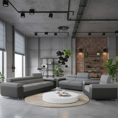 Torezio 3 2 1 Living Room Sofa Set Chipboard Frame Hr Foam Wavy Spring Wooden Frame Adjustable Headrests Grey And Grey Melange - image 1