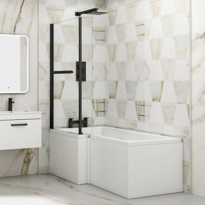 Royal Bathrooms Qubix 1700 X 850mm Left Hand L-Shaped Shower Bathtub With Mdf Gloss White Front Panel & Matt Black Towel Rail Screen - image 1