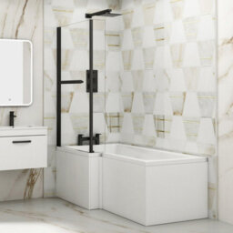 Royal Bathrooms Qubix 1700 X 850mm Left Hand L-Shaped Shower Bathtub With Mdf Gloss White Front Panel & Matt Black Towel Rail Screen - thumbnail 1