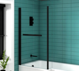 Royal Bathrooms Qubix 1700 X 850mm Left Hand L-Shaped Shower Bathtub With Mdf Gloss White Front Panel & Matt Black Towel Rail Screen - thumbnail 5