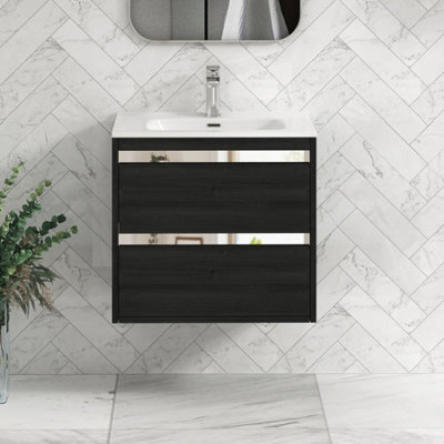 Royal Bathrooms Orion 600mm Wall Hung Bathroom Vanity Unit 2 Drawer Hale Black With Ceramic Basin & Chrome Accent Trim - image 1