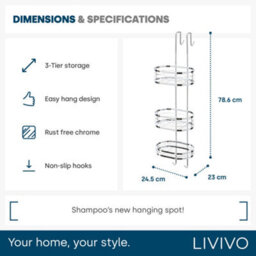Livivo Over Shower Door Hanging Rack Chrome 3 Tier Bathroom Caddy Storage Organiser No Drill Shower Shelf - thumbnail 8