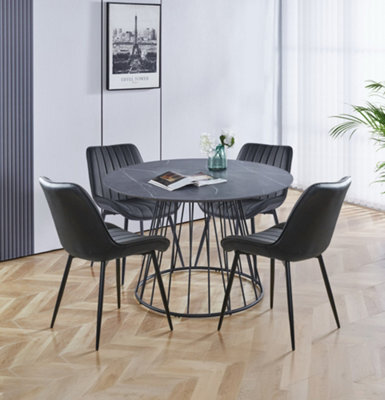 Hallowood Furniture Cullompton Large 120Cm Round Table With 4 Black Bonded Leather Dining Chairs - image 1