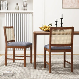 Costway Rattan Dining Chair Set Of 2 Wooden Upholstered Kitchen Side Armless Chairs