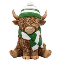 Highland Cow Figurine Christmas Decor Green Scarf Hat Holiday Ornament Resin