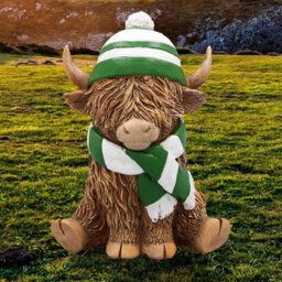 Highland Cow Figurine Christmas Decor Green Scarf Hat Holiday Ornament Resin - thumbnail 3