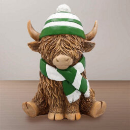 Highland Cow Figurine Christmas Decor Green Scarf Hat Holiday Ornament Resin - thumbnail 2