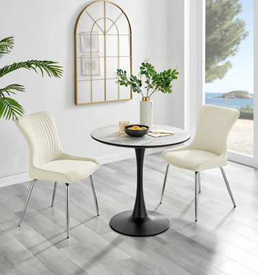 Furniturebox Uk Elina White Marble Effect Round Dining Table & 2 Cream Nora Silver Leg Chairs - image 1