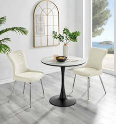 Furniturebox Uk Elina White Marble Effect Round Dining Table & 2 Cream Nora Silver Leg Chairs