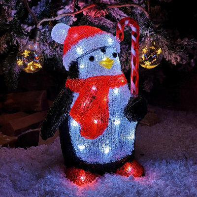 Samuel Alexander 30Cm Light Up Acrylic Christmas Penguin With Candy Cane Decorations & White Leds - image 1