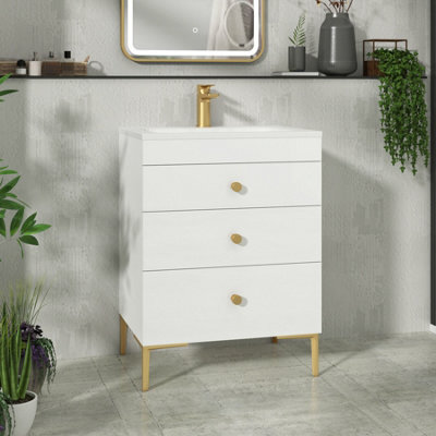 Royal Bathrooms Royal Bathroom Verona 600mm Gloss White 3-Drawer Floor Standing Bathroom Vanity Unit With Stone Basin & Brushed Brass Knob - image 1